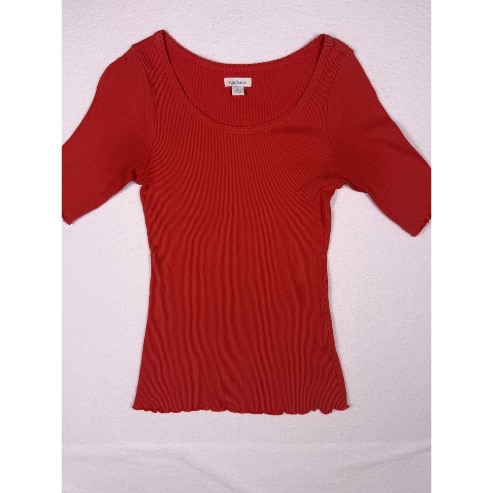 Sundance Ribbed Knit Top Women Small Red Scoop Neck Elbow Sleeve Lettuce Hem